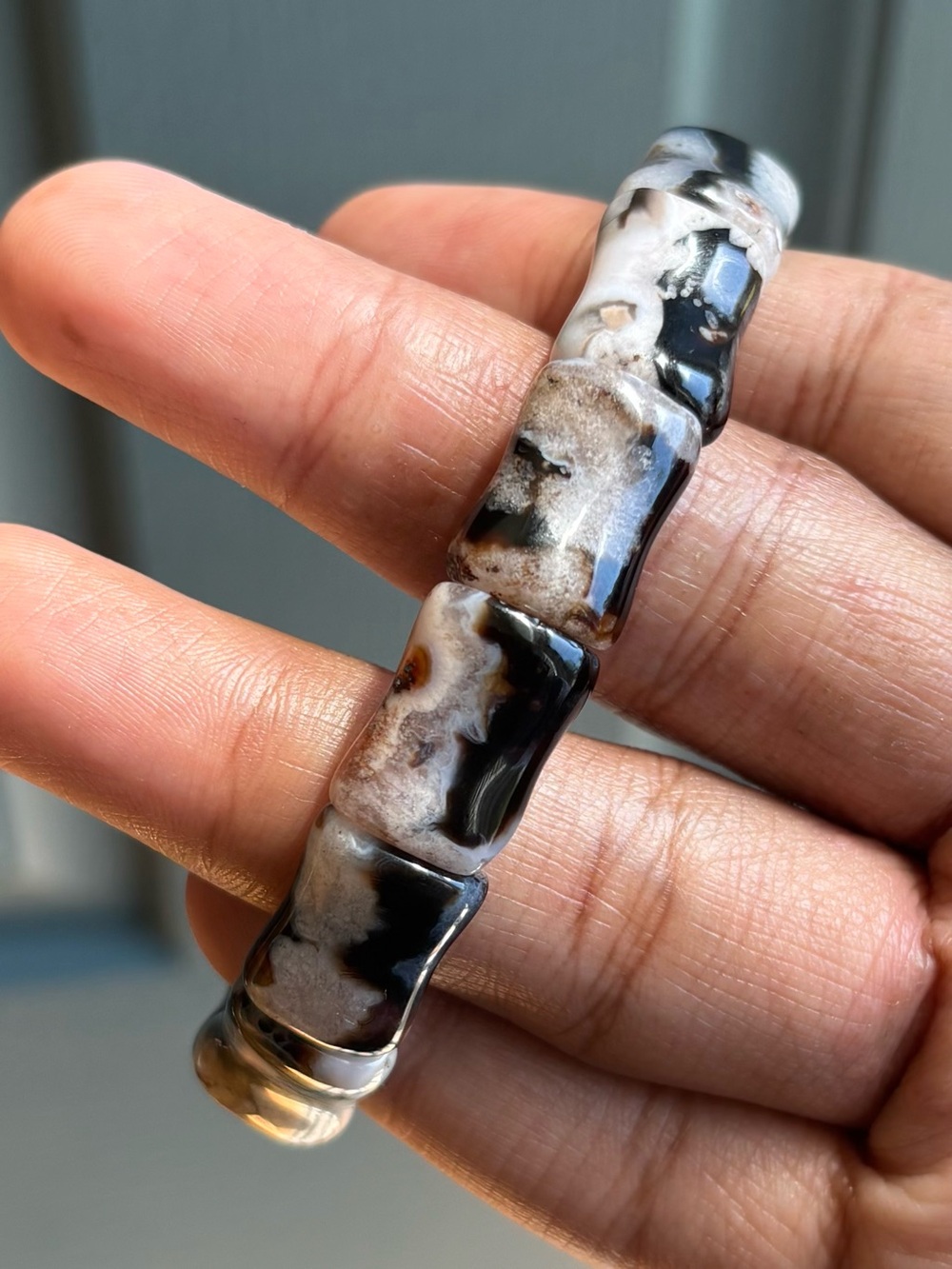 Black Flower Agate Crystal Bangle Bracelet 12.5mm - Picture 7 of 10